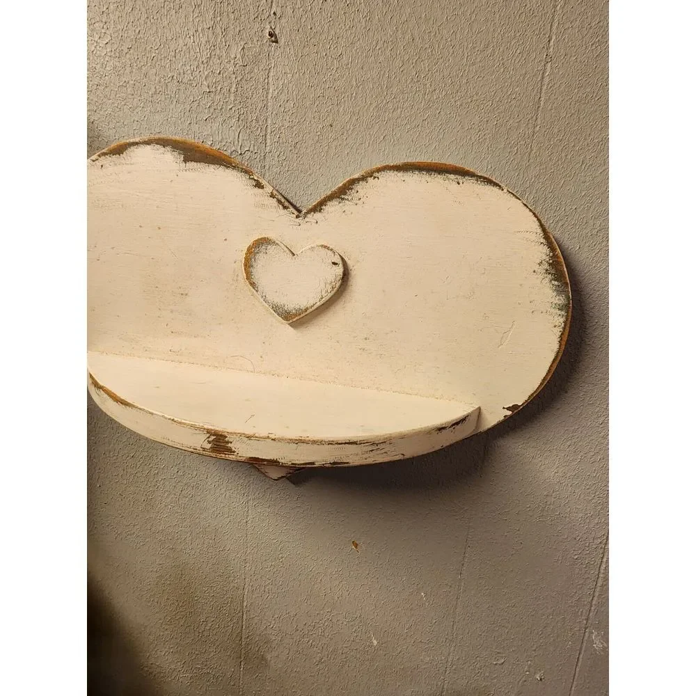 Vintage White Washed Rustic Wood‎ Heart Shelf With Key Hook. 14